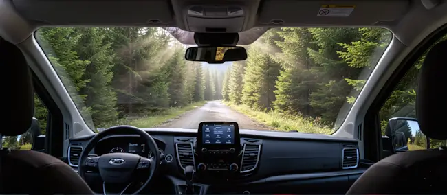 Vista desde el interior de un vehículo 4x4 en una pista forestal del Pirineo rodeado de abetos.