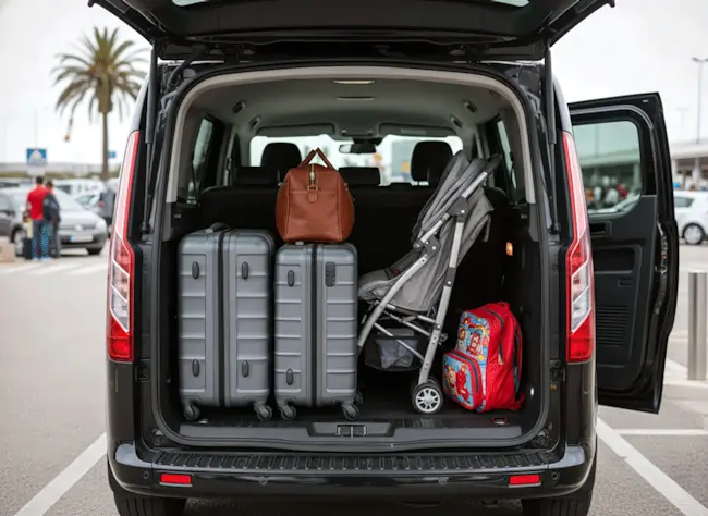 Maletero de taxi de gran capacidad abierto con equipaje cargado para viaje familiar.