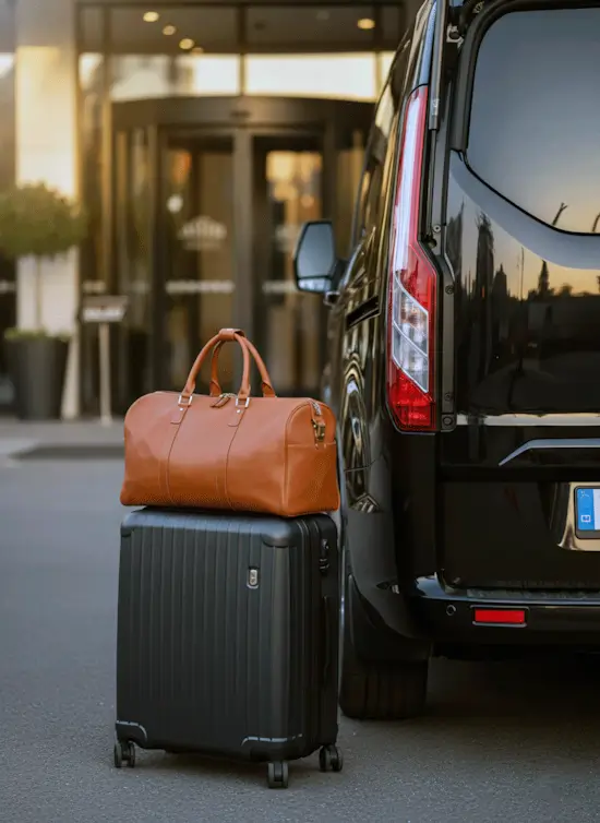 Equipaje preparado junto a vehículo de transporte privado en la entrada de un hotel para traslado al aeropuerto.